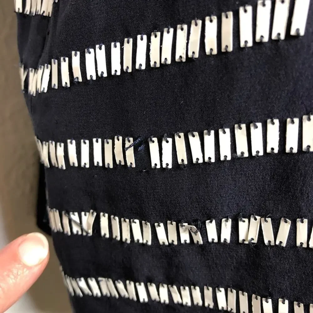 Tory‎ Burch navy blue white rectangle sequin silk top size 4